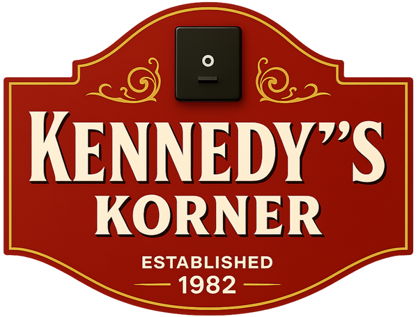 Decorative sign with 'Kennedy's Korner' text and establishment year on a red background.